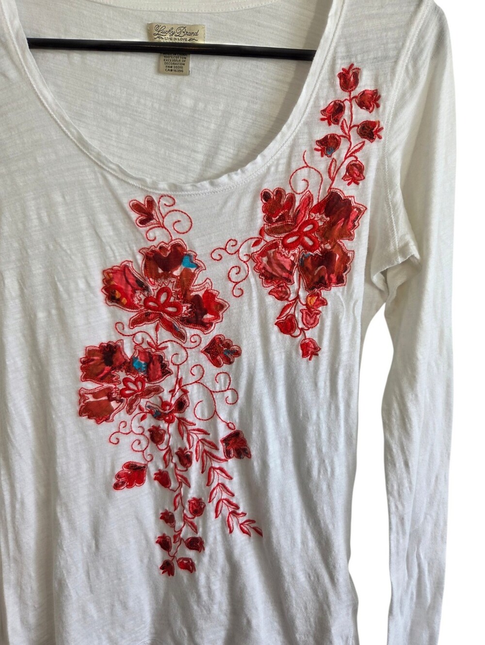 Lucky Brand Floral Embroidered Applique Scoop Neck 100% Cotton Top Size M - Picture 4 of 11